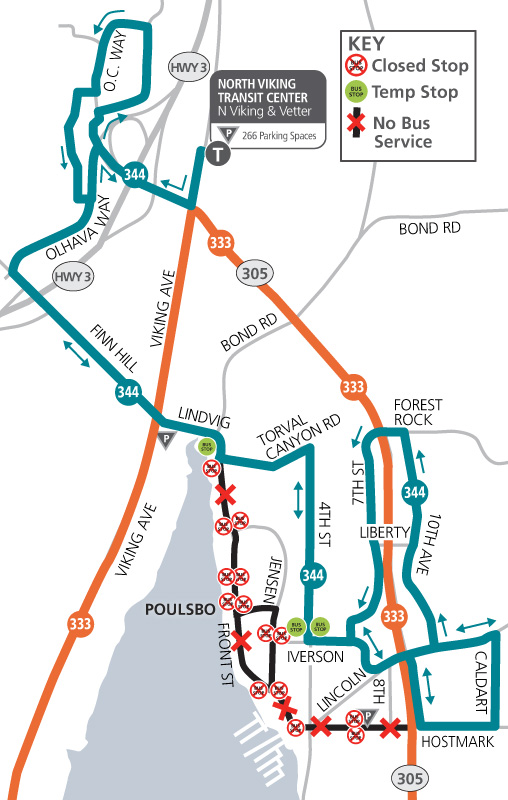 viking fest Route 344 and 333 detour map Downtown Poulsbo May 17-18, 2024
