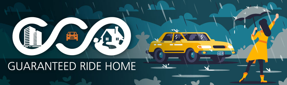 Guaranteed Ride Home Logo and background of a rainy day with woman hailing taxi