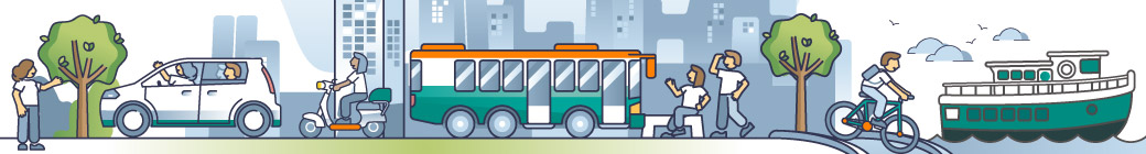 Smart Commuting banner illustration showing people walking, biking, riding the bus, carpooling and a ferry