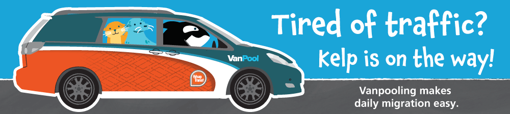 Illustration of a vanpool with an orca whale as a driver and a sea otter and lion in the back seat.  Tired of Traffic - Kelp is on the way.