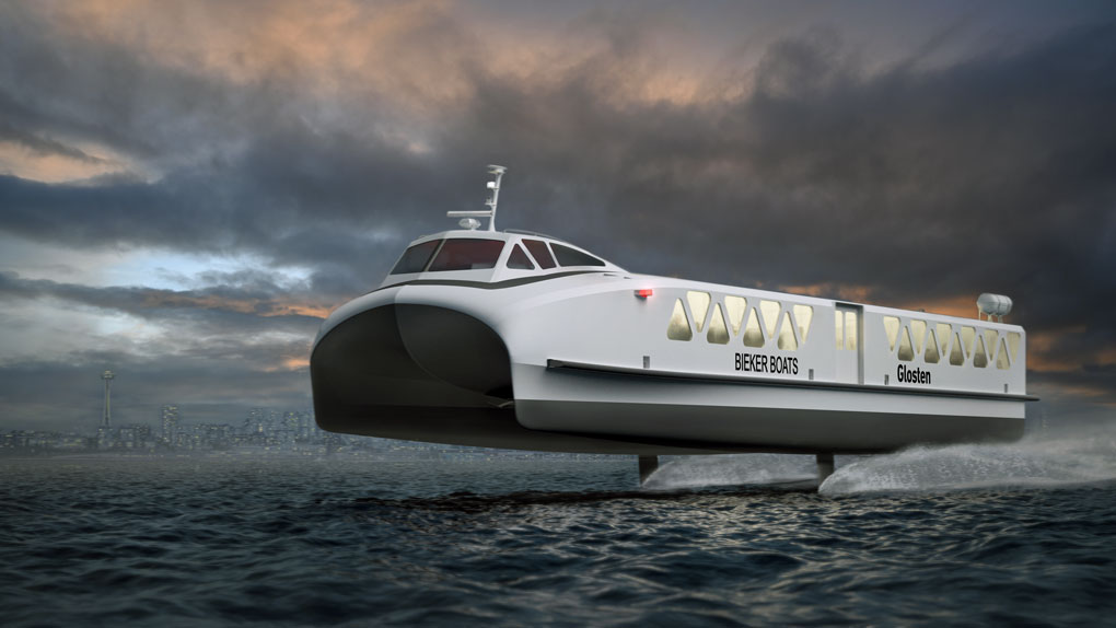 Exterior isometric view of Foil Ferry in the water with Seattle, WA in the background (Image and rendering credit: Glosten)