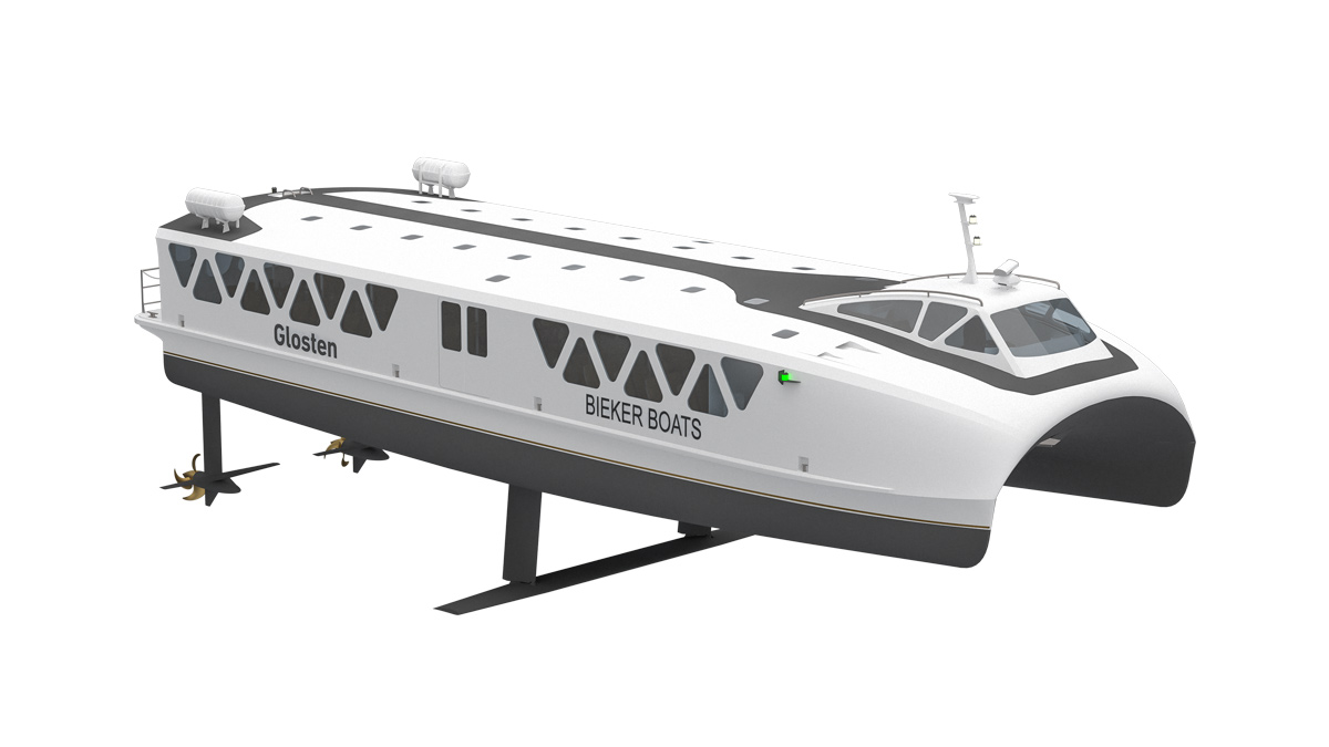 Exterior isometric view of Foil Ferry, fore (Image and rendering credit: Glosten)