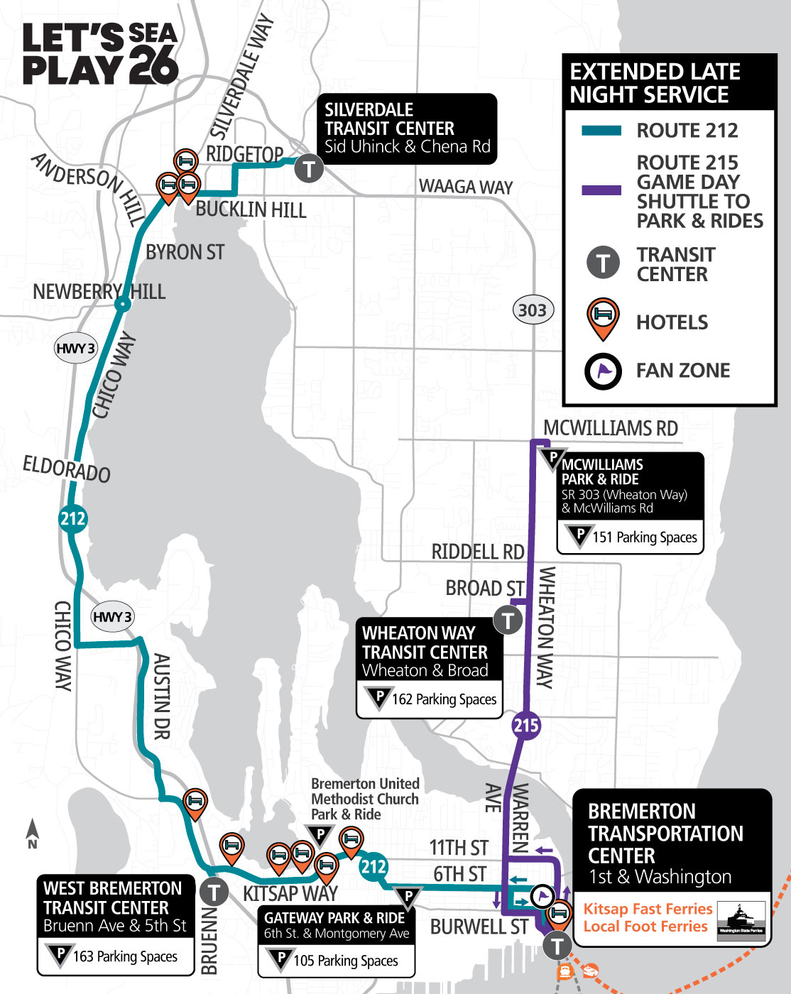 Central Kitsap Map During Game Days with routes 212 & 215