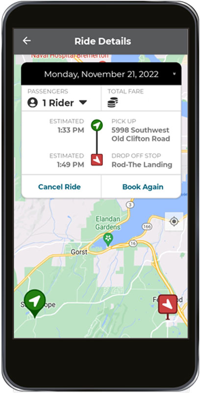 rides on demand app on phone showing map