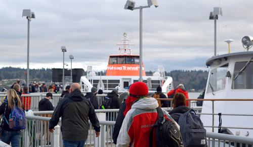 Kitsap Transit Ferries, with people boarding. 